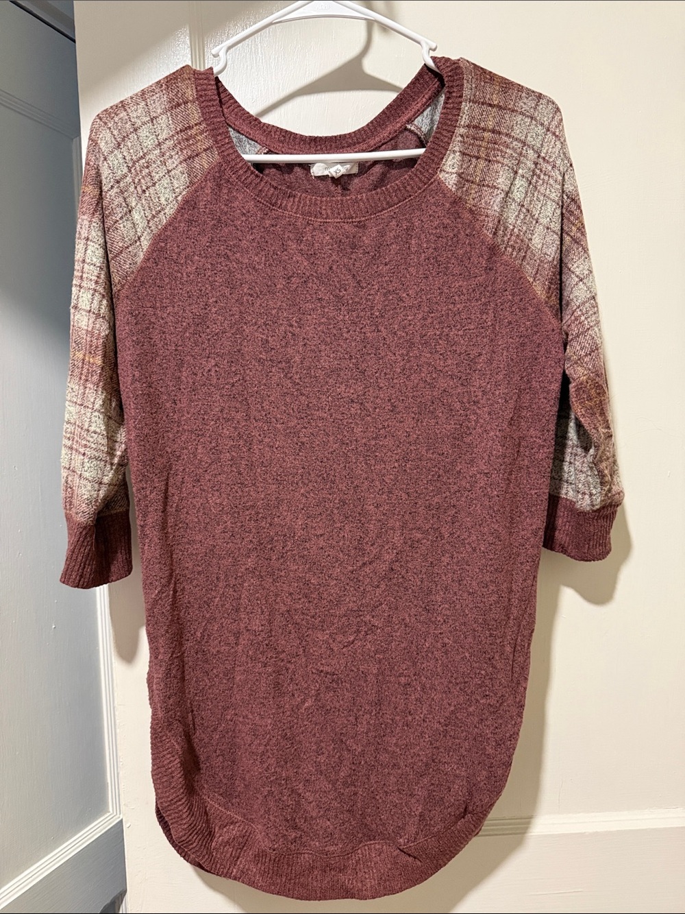 Maurices Maroon Raglan Sweater with Plaid Accent Sleeves